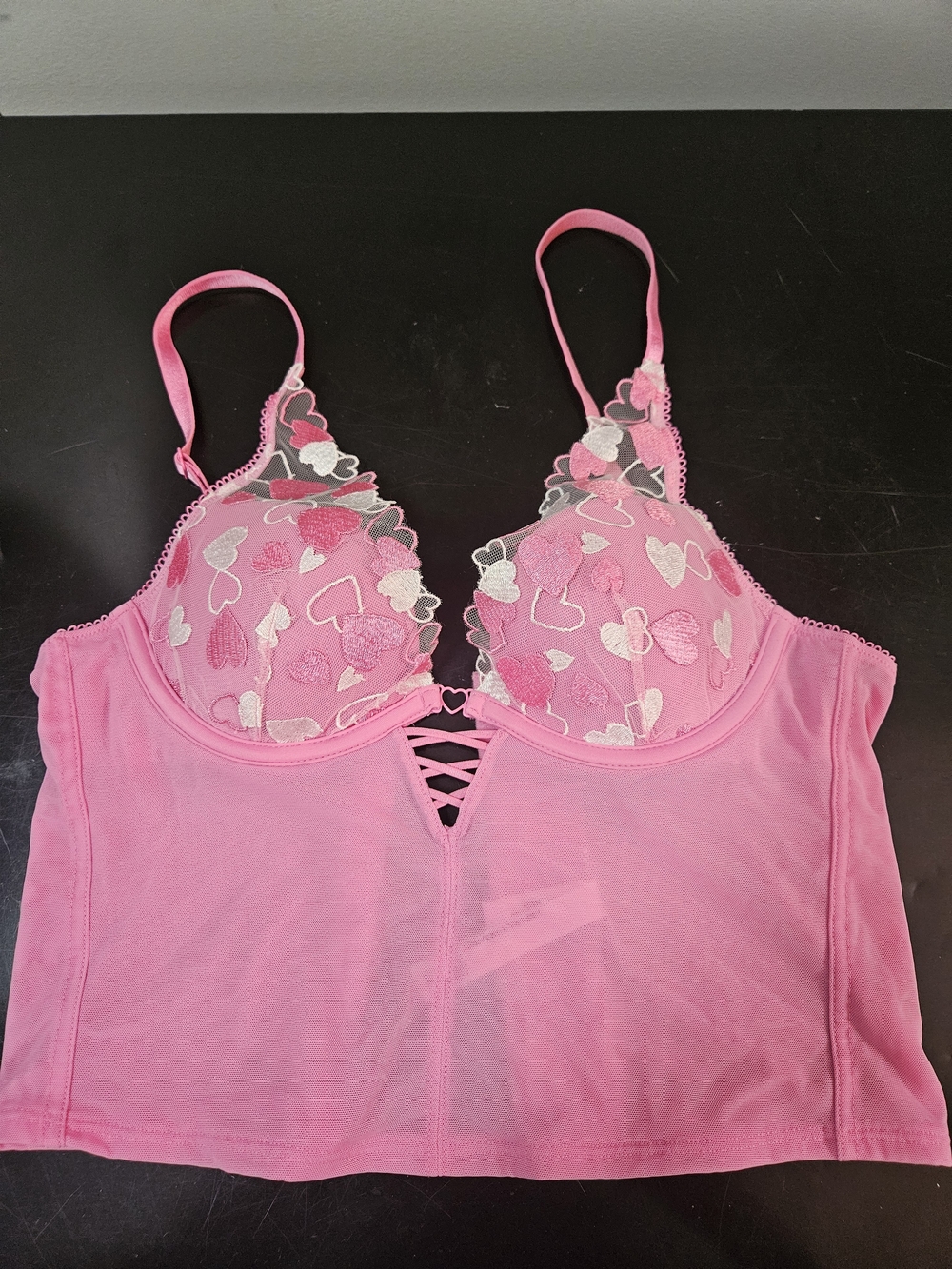 Pink Heart-Embroidered Lace Bralette Camisole